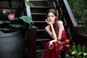 Captivating Asian Girl in Red: Serene Lotus & Rustic Wooden Stairs Scene - image 4